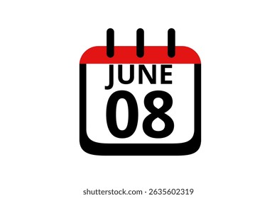 8 June calendar icon text page monthly web design on red, black and white background vector, icon, or illustration with the month of June 8