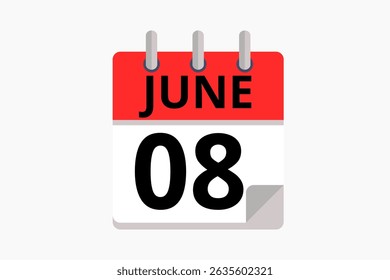 8 June calendar icon text page monthly web design on red, black and white background vector, icon, or illustration with the month of June 8