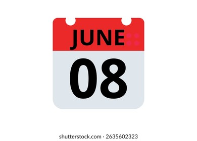 8 June calendar icon text page monthly web design on red, black and white background vector, icon, or illustration with the month of June 8
