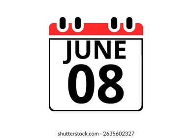 8 June calendar icon text page monthly web design on red, black and white background vector, icon, or illustration with the month of June 8