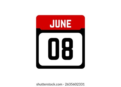 8 June calendar icon text page monthly web design on red, black and white background vector, icon, or illustration with the month of June 8