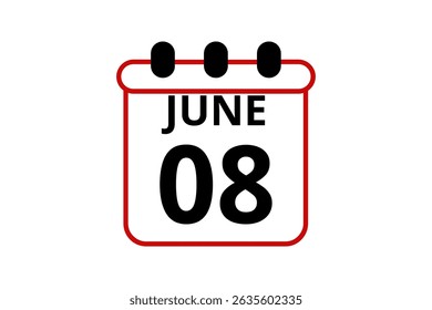 8 June calendar icon text page monthly web design on red, black and white background vector, icon, or illustration with the month of June 8