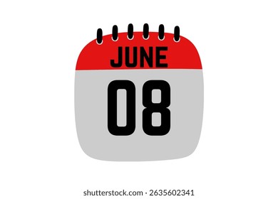 8 June calendar icon text page monthly web design on red, black and white background vector, icon, or illustration with the month of June 8