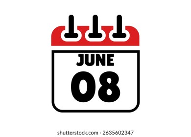 8 June calendar icon text page monthly web design on red, black and white background vector, icon, or illustration with the month of June 8