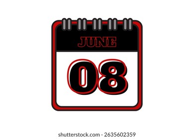 8 June calendar icon text page monthly web design on red, black and white background vector, icon, or illustration with the month of June 8