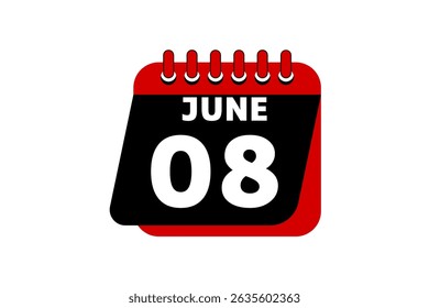 8 June calendar icon text page monthly web design on red, black and white background vector, icon, or illustration with the month of June 8