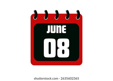 8 June calendar icon text page monthly web design on red, black and white background vector, icon, or illustration with the month of June 8