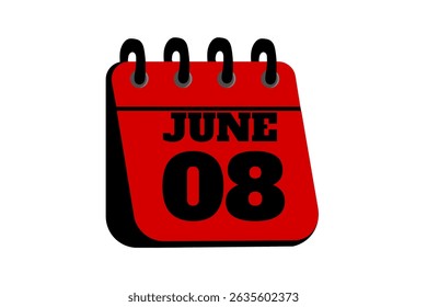 8 June calendar icon text page monthly web design on red, black and white background vector, icon, or illustration with the month of June 8