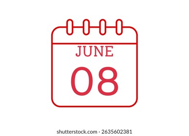 8 June calendar icon text page monthly web design on red, black and white background vector, icon, or illustration with the month of June 8