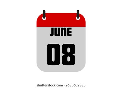 8 June calendar icon text page monthly web design on red, black and white background vector, icon, or illustration with the month of June 8