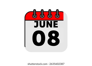8 June calendar icon text page monthly web design on red, black and white background vector, icon, or illustration with the month of June 8