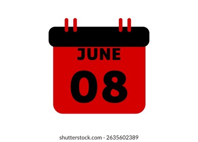 8 June calendar icon text page monthly web design on red, black and white background vector, icon, or illustration with the month of June 8