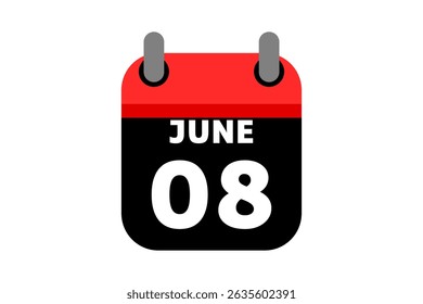 8 June calendar icon text page monthly web design on red, black and white background vector, icon, or illustration with the month of June 8