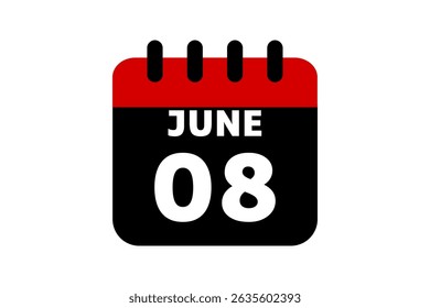 8 June calendar icon text page monthly web design on red, black and white background vector, icon, or illustration with the month of June 8
