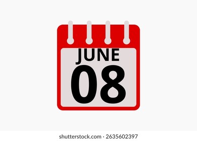 8 June calendar icon text page monthly web design on red, black and white background vector, icon, or illustration with the month of June 8