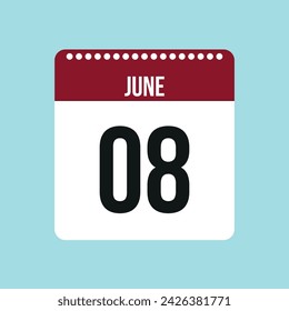 Kalendervektorsymbol 8. Juni. Rot und schwarz Juni Datum für die Tage des Monats und der Woche auf einem hellen Hintergrund