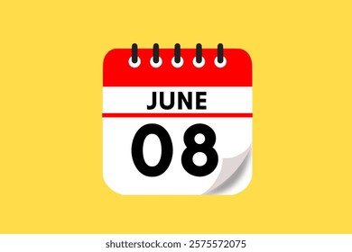 8 June month single day vector, illustration, calendar with red, black, white and yellow color background calendar June 8