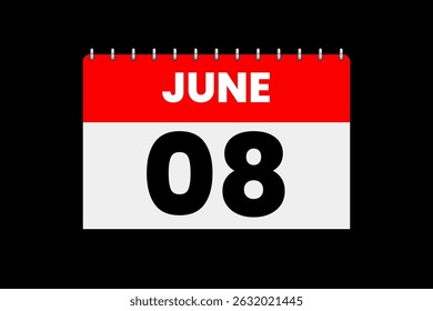 8 June month single day vector, illustration, calendar with red, off-white and black color background calendar icon of June 8