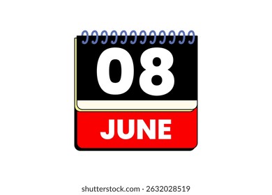 8 June month single day vector, illustration, calendar with red, black and white color background calendar icon of June 8