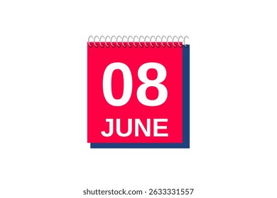8 June month single day vector, illustration, calendar with red, blue and white color background calendar icon of June 8