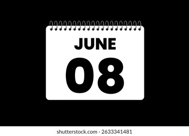 8 June month single day vector, illustration, calendar with black and white color background calendar icon of June 8