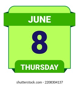 8 June, Thursday. Date template. Useful design for calendar or event promotion. Vector illustration EPS 10 File. Isolated on white background.
