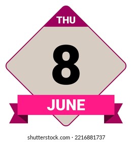 8 June, Thursday. Date template. Useful design for calendar or event promotion. Vector illustration EPS 10 File. Isolated on white background.