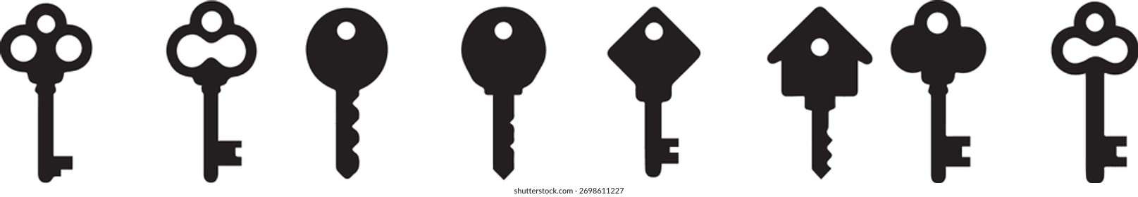 8 Keys Icons Vector Set. Includes Skeleton Vintage Modern and House key symbols. Essential graphic for Security Real Estate Home Access and Locksmith Apps. Scalable and clean.