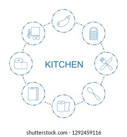 8 kitchen icons. Trendy kitchen icons white background. Included line icons such as eggplant, paper towel, sponge, cargo height, spoon, cutting board. kitchen icon for web and mobile.