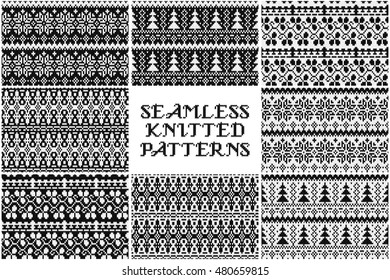 8 Knitted Christmas pattern. Trendy Hipster Style Backgrounds. Vector Files Pattern Swatches. Seamless pattern with doodle children drawing. Vector illustration for your graphic design. 