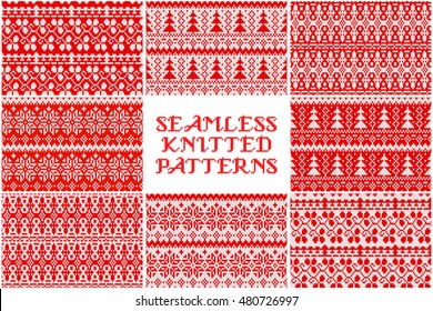 8 Knitted Christmas pattern. Vector illustration. Red and white version.