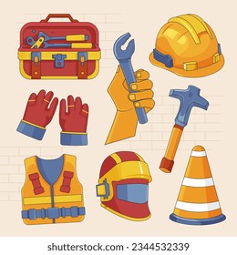 8 labor day icon illustrations set. toolbox, hand holding wrench, construction helmet, worker gloves, safety vest, welding mask, construction cone, and hammer objects for your design.