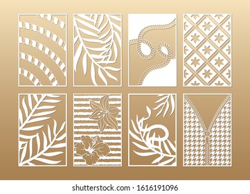 8 Laser cut vector panels (ratio 2:3). Cutout silhouette with palm,  tropical flowers, snake, rope, hounds tooth. The set is suitable for engraving, laser cutting wood, metal, stencil.