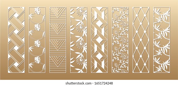 8 Laser cut vector panels (ratio 1:4). Cutout silhouette with flowers, leaves, bamboo, ropes, mosaic and geometric patterns. The set is suitable for engraving, laser cutting wood.