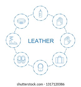 8 leather icons. Trendy leather icons white background. Included line icons such as boxing bag, bag, gloves, belt, luggage, baby shoes, sandals. leather icon for web and mobile.