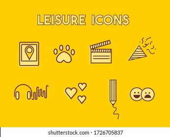 8 leisure icons, signs, travel, pets, movie, party, musics, love, drawing, like and dislike. Stories icons. 