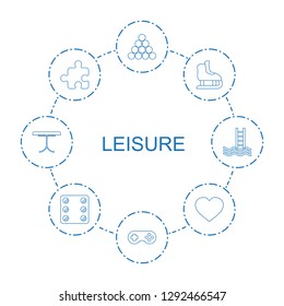 8 leisure icons. Trendy leisure icons white background. Included line icons such as biliard triangle, joystick, ice skating, puzzle, Hearts, Dice. leisure icon for web and mobile.