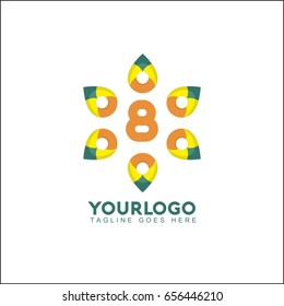 8 letter colorful overlay logo with circle part shapes. 