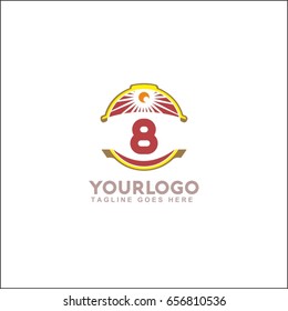 8 letter landscape vector illustration. Vintage sunset logo with sun.