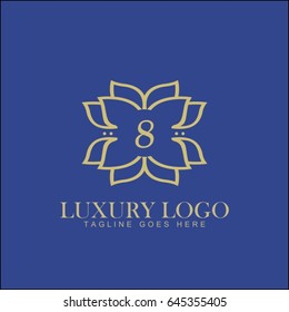 8 letter. Luxury logo template flourishes calligraphic elegant ornament lines. Business sign, identity for Restaurant, Royalty, Boutique, Hotel, Jewelry, Fashion and other vector illustration