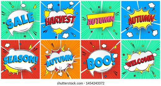 8 Lettering Autumn In The Speech Bubbles Comic Style Flat Design. Dynamic Pop Art Vector Illustration Isolated On Rays Background. Exclamation Concept Of Pop Art Voice Phrase.