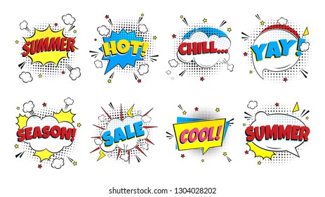 8 Lettering Summer In The Speech Bubbles Comic Style Flat Design. Dynamic Pop Art Vector Illustration Isolated On White Background. Exclamation Concept Of Comic Book Style Pop Art Voice Phrase.