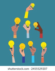 8 Glühbirnen-Symbole aus verschiedenen Rassen zeigen Idee