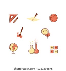 8 Line Icons On Subject Of School. Ball, Ruler, Brush, Pen, Globe, Magnifier. Vector Illustration In Cartoon Style.