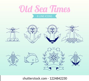 8 Line Vector Icons - Sea Themed Set. Fully Editable