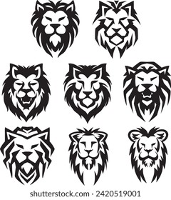 8 Lion head face logo set silhouette black icon tattoo mascot hand drawn lion king silhouette animal vector illustration