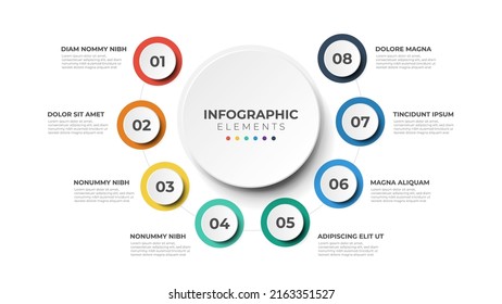 8 list of steps, circular layout diagram with number of sequence, infographic element template