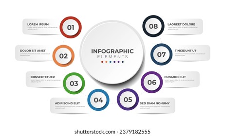 8 lista de pasos, diagrama de diseño circular con número de secuencia, plantilla de elemento infográfico