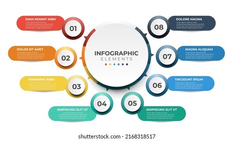 8 list of steps, layout diagram with number of sequence, circular infographic element template