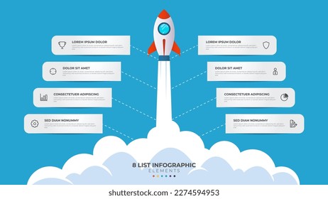 8 list of steps, layout diagram with stair level sequence, infographic element template with rocket startup launch illustration